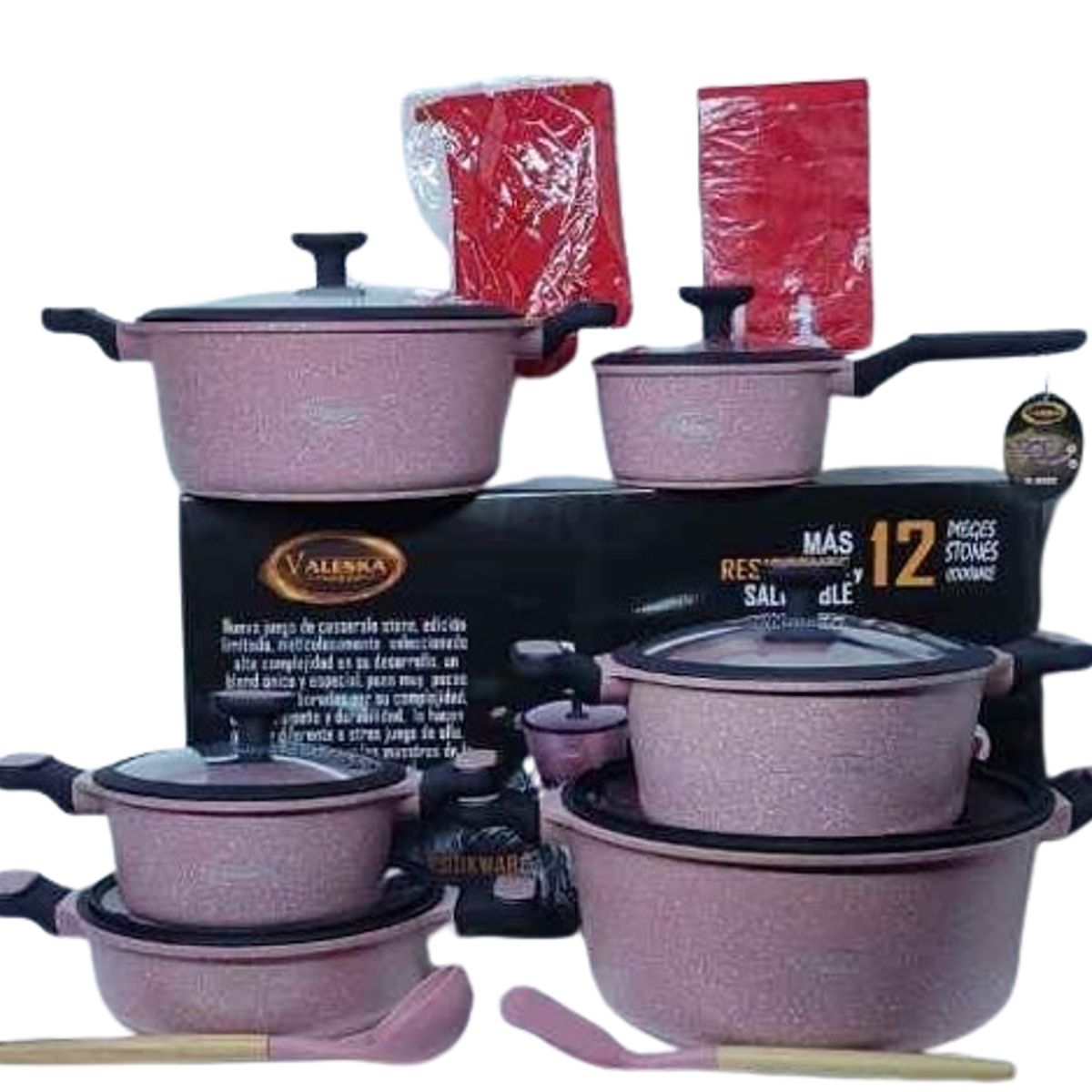 VALESKA - Juego de Ollas Roca Volcánica Rosado 12 Piezas