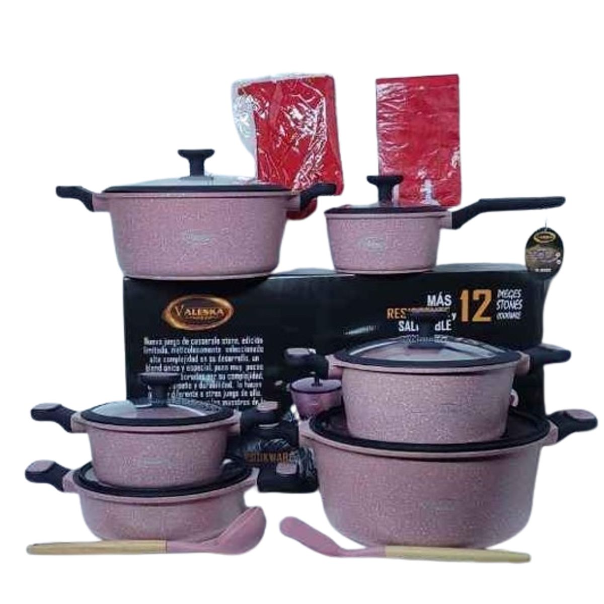 VALESKA - Juego de Ollas Roca Volcánica Rosado 12 Piezas