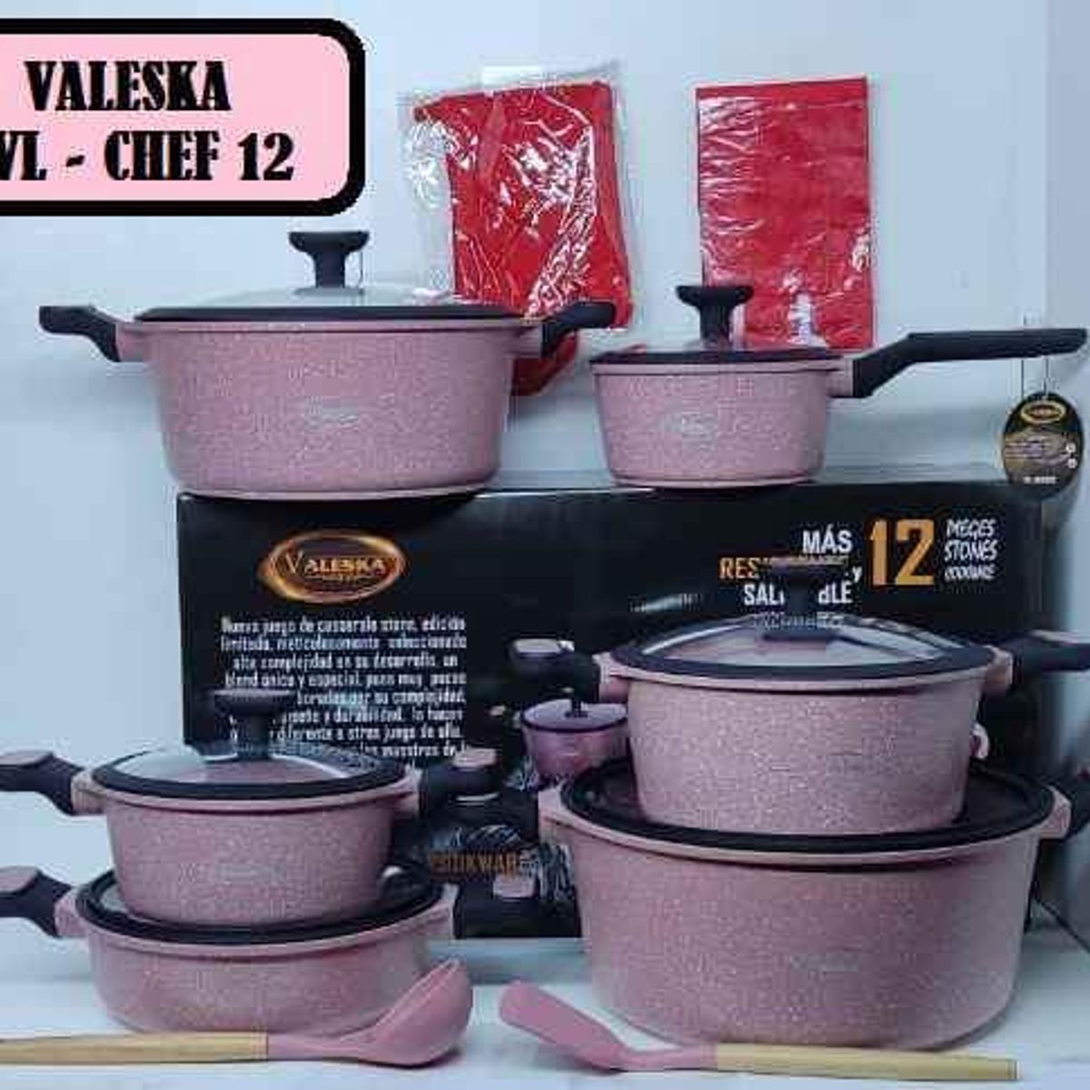 VALESKA - Juego de Ollas Roca Volcánica Rosado 12 Piezas