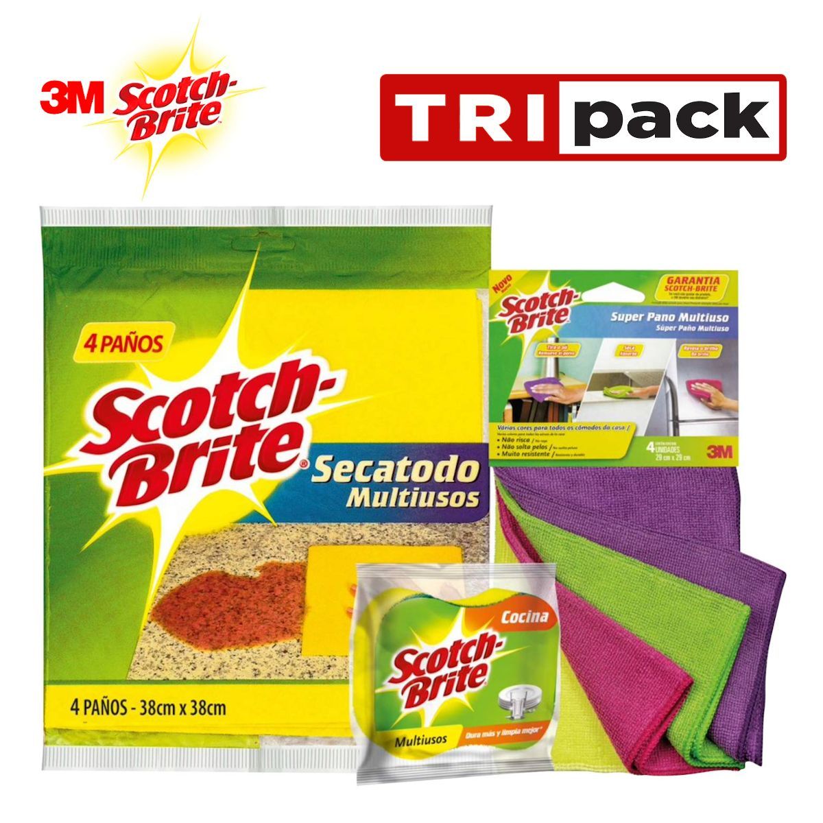SCOTCH BRITE - Paño microfibra±Paño secatodo±Esponja 2en1 SCOTCH-BRITE TRIPACK