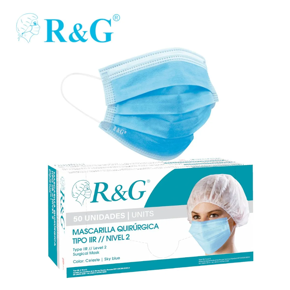 R&G - Mascarilla quirúrgica 3 capas TIPO IIR NIVEL 2 celeste caja*50und R&G