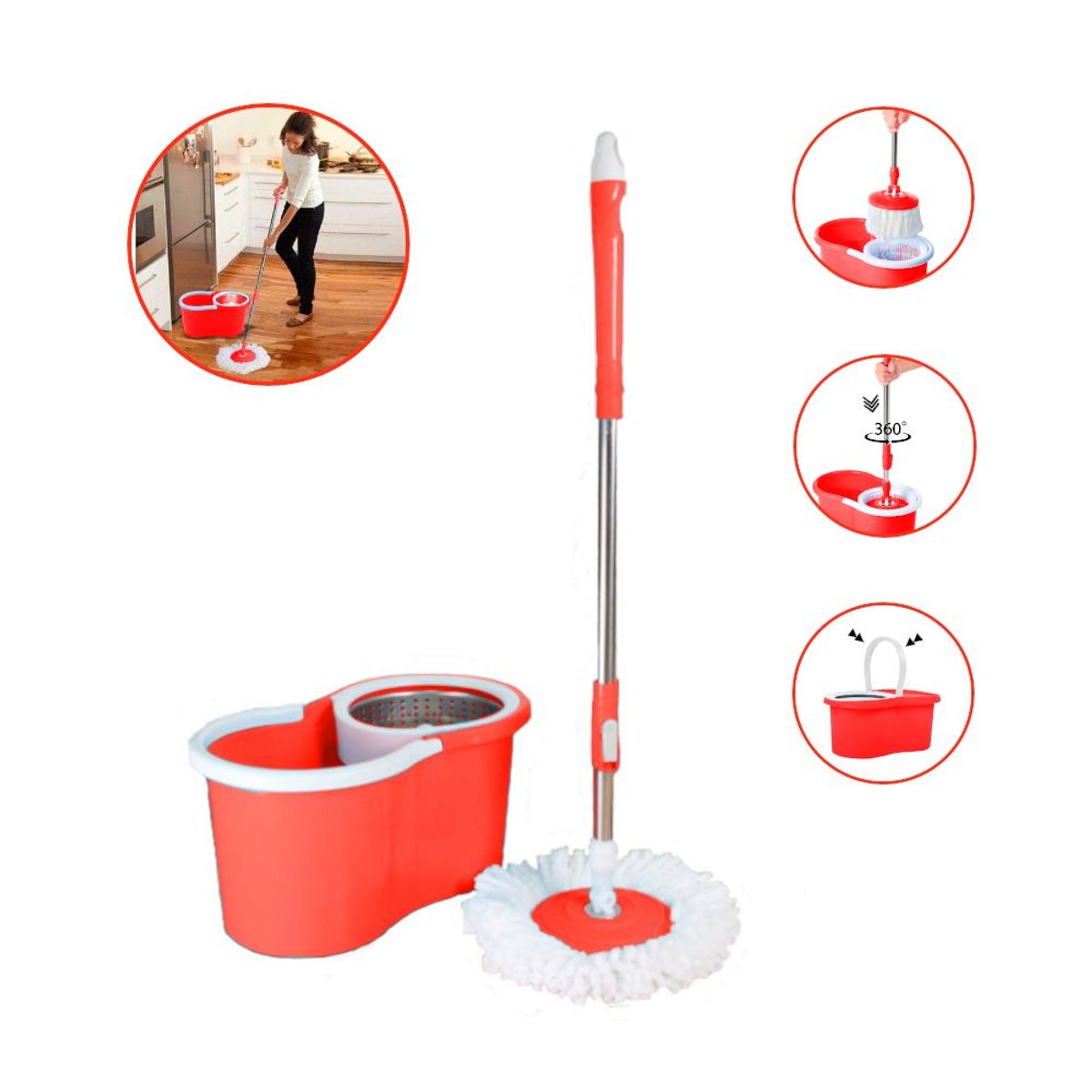 KELLER - Trapeador con Escurridor Giratorio Automático 2 Mopas Rojo