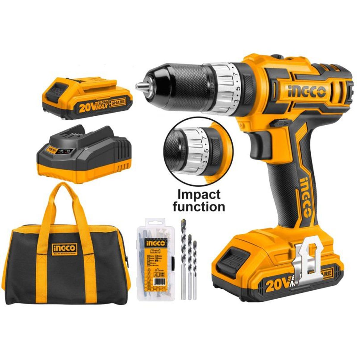 INGCO TOOLS - TALADRO ATORNILLADOR PERCUTOR 3/8" 45NM 20V + 50ACC INGCO CIDLI2002.