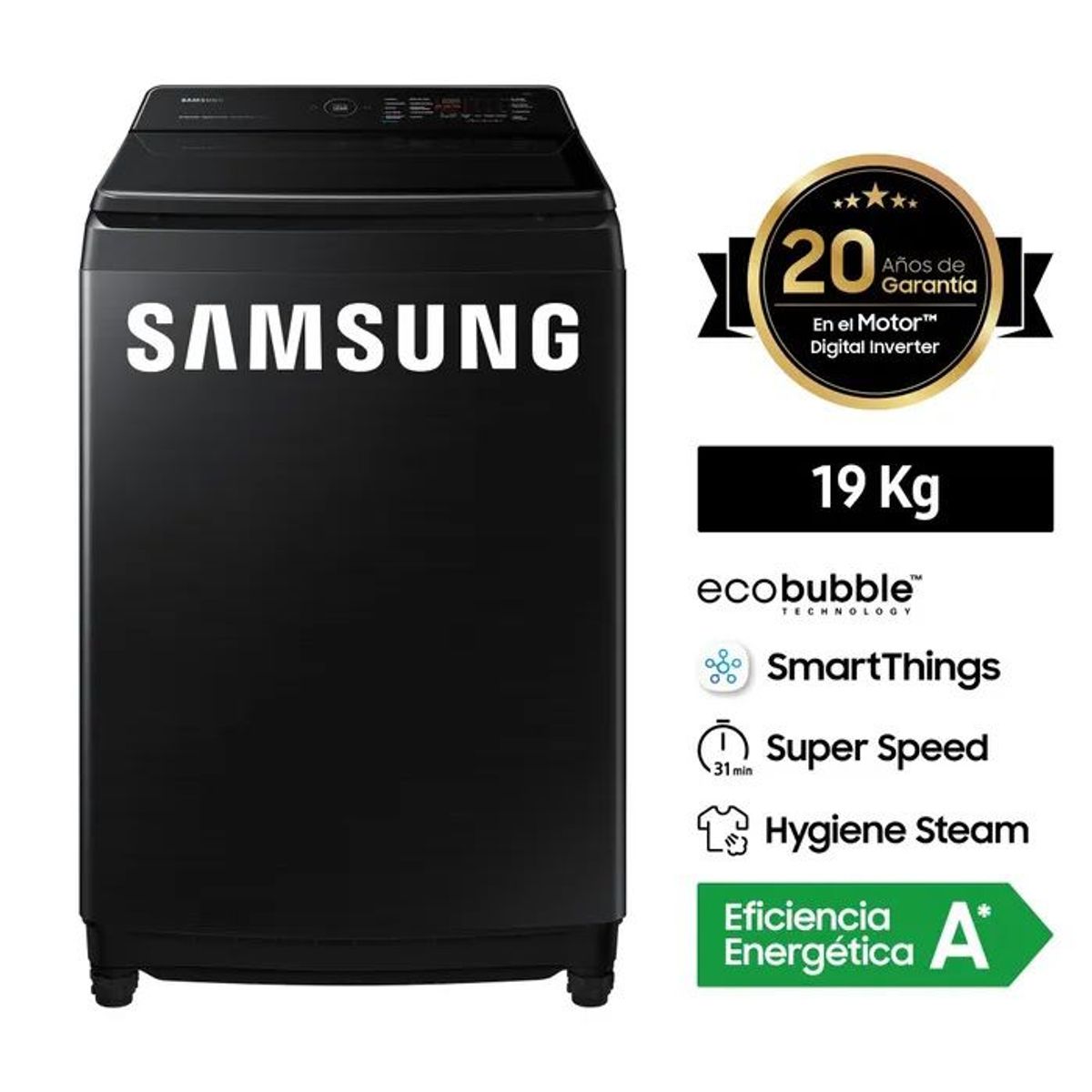 SAMSUNG - Lavadora Automática Samsung 19 KG WA19CG6886BV - Negro