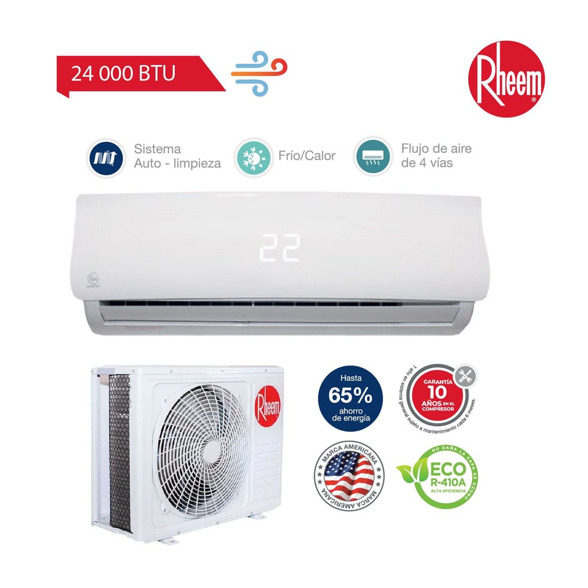 RHEEM - AIRE ACONDICIONADO RHEEM SPLIT DE 24,000 BTU/H INVERTER FRIO/CALOR