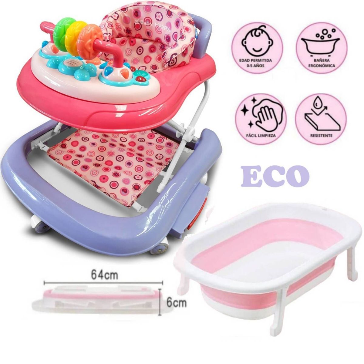 BABY HAPPY - Combo Andador Mecedora Eco Rosa y Tina Plegable Rosa