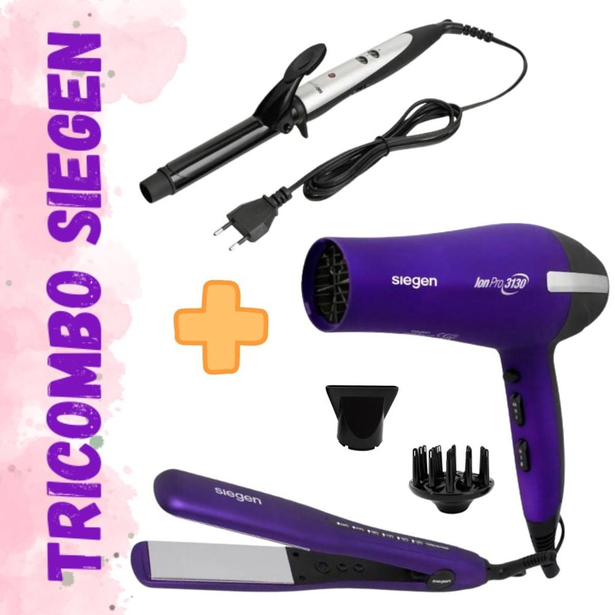 SIEGEN - Tricombo Plancha Alisadora Siegen SG-4750+Rizadora Siegen 25mm+Secadora Siegen SG3130M