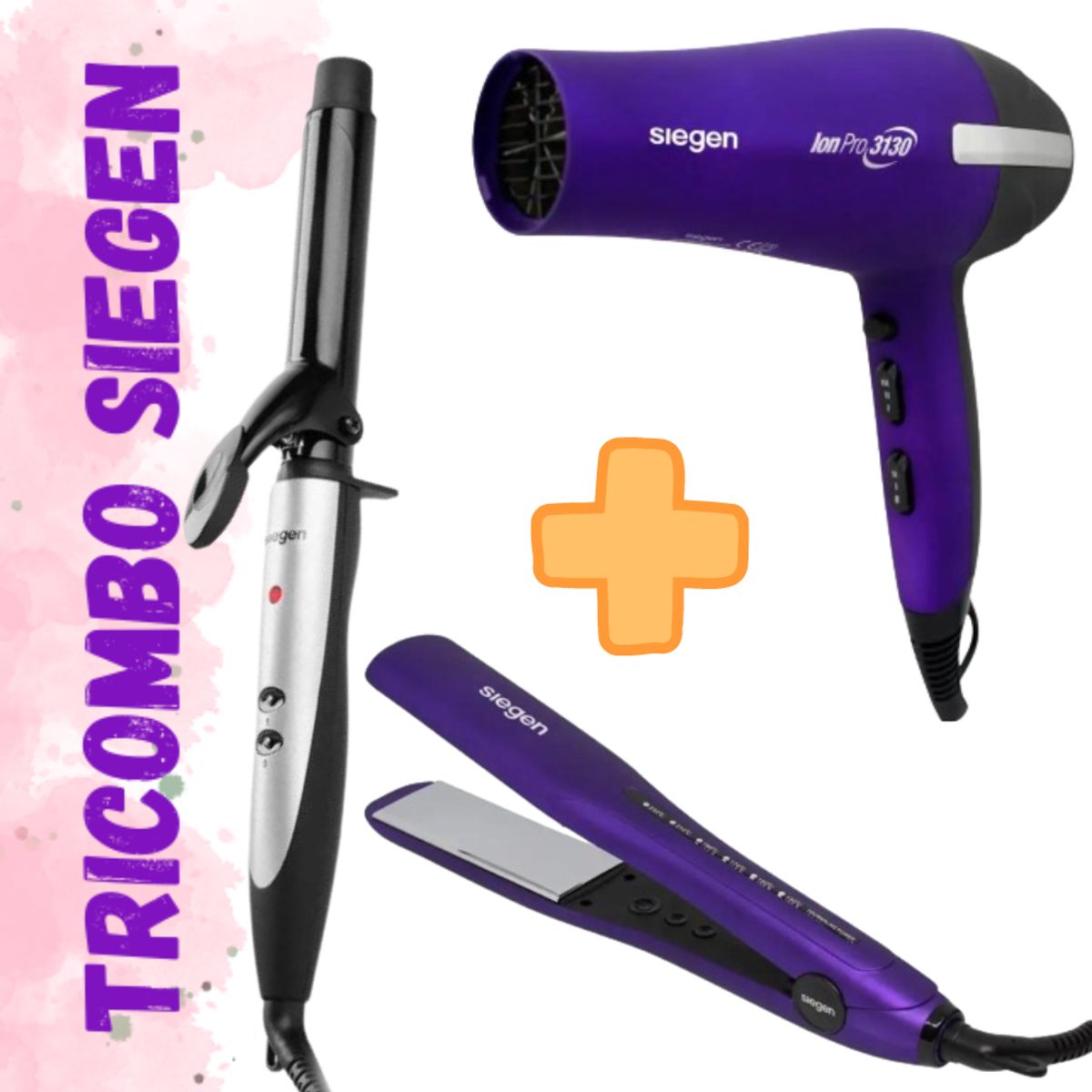 SIEGEN - Tricombo Plancha Alisadora Siegen SG-4750+Rizadora Siegen 25mm+Secadora Siegen SG3130M
