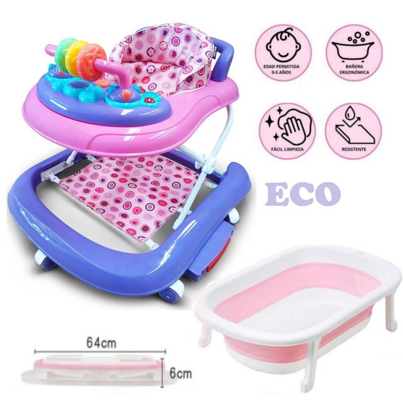 BABY HAPPY - Combo Andador Mecedora Eco Morado Y Tina Plegable Rosa