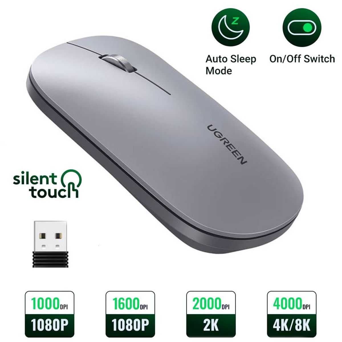 UGREEN - Mouse silencioso Inalambrico UGREEN 4000 DPI USB 2.4GHz Gris