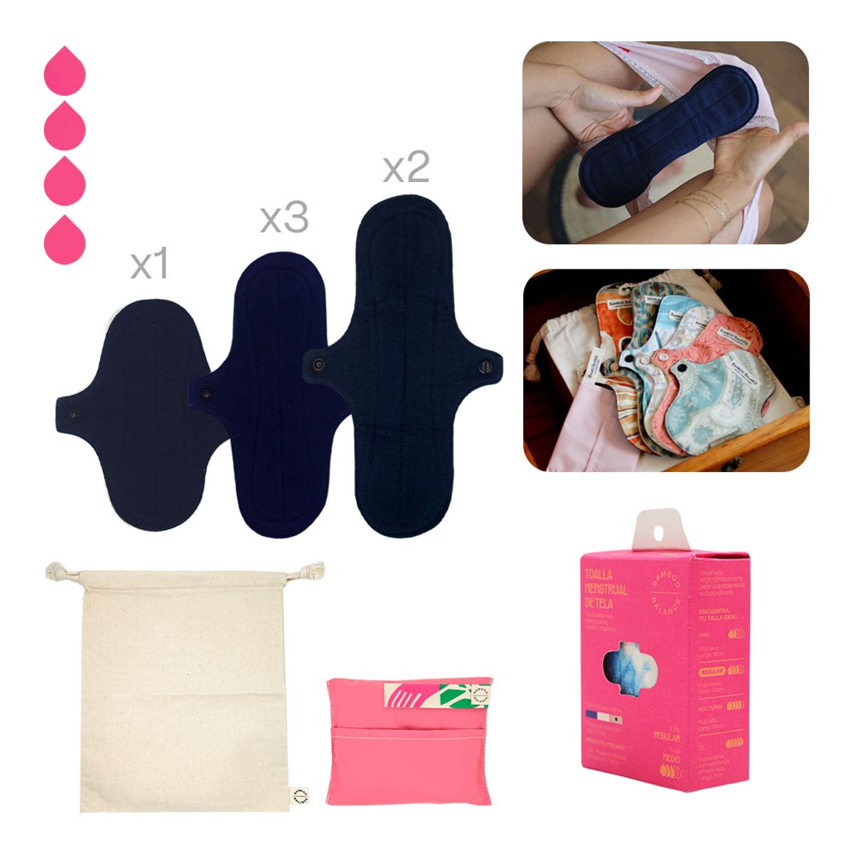 BAMBOO BALANCE - Toalla Higiénica Femenina de Tela - Pack - Flujo Medio - Azul