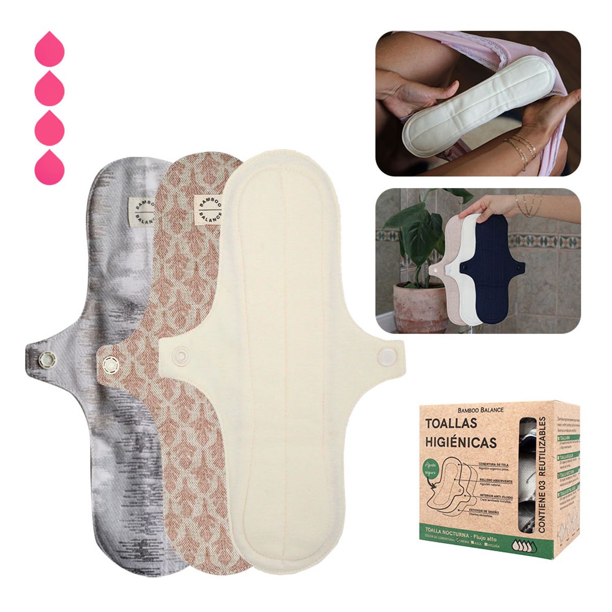 BAMBOO BALANCE - Toalla Higiénica Femenina de Tela Bamboo Balance Tripack Nocturna Natural