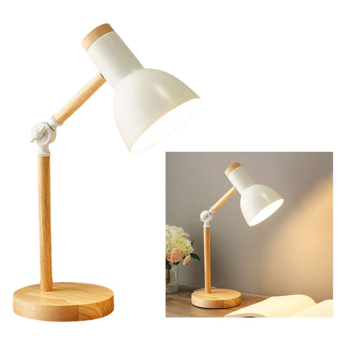 GENERICO - Lampara de Escritorio Clásica de Mesa Sjustable Madera Blanco  Foco