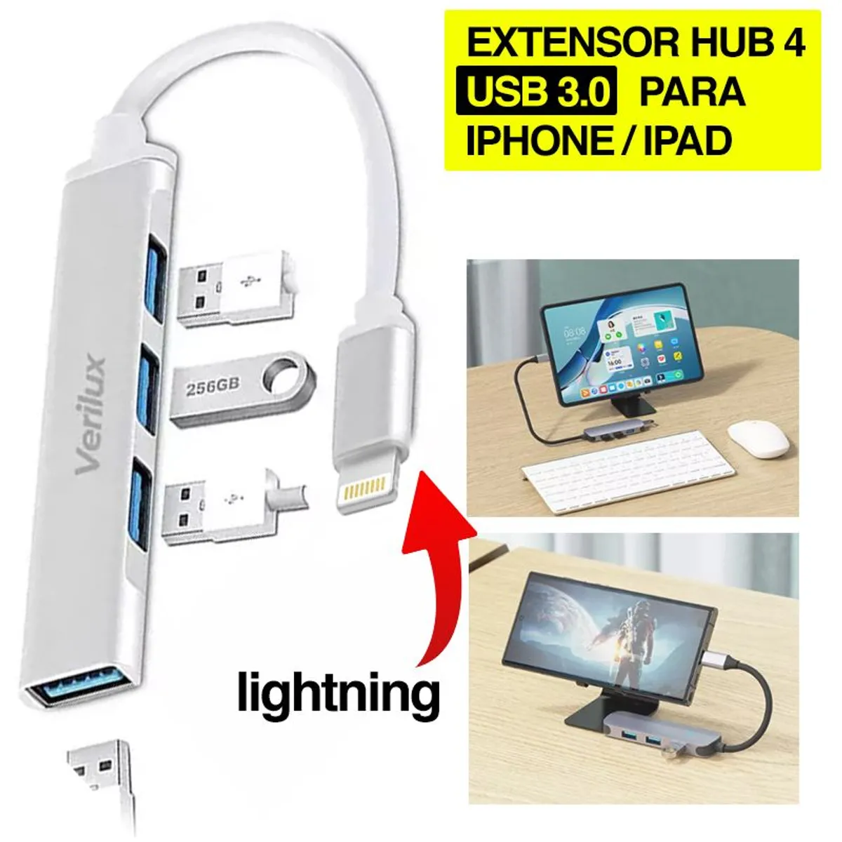 GENERICO - Hub Usb 4 Puertos Usb 3.0 a Lightning para iPhone iPad
