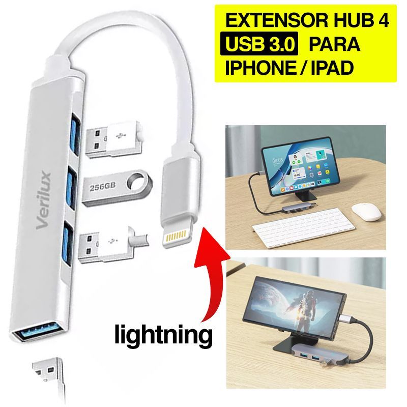 GENERICO - Hub Usb 4 Puertos Usb 3.0 a Lightning para iPhone iPad