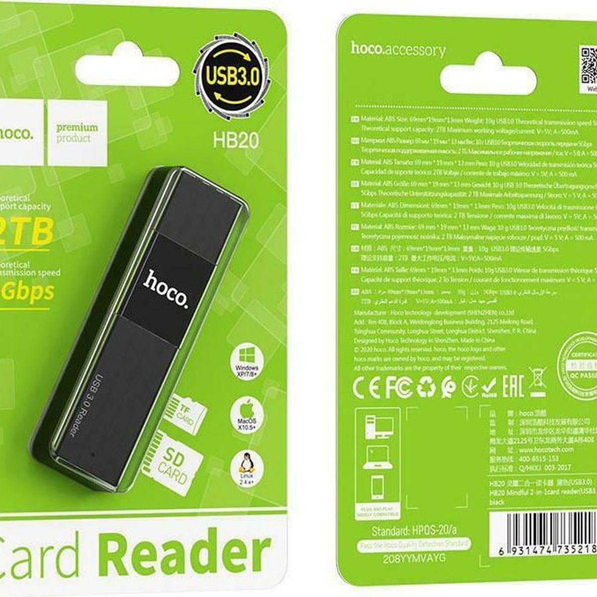 HOCO - Lector Tarjetas Memoria 5gbps M2 Sd Micro Sd A Usb 3.0 Hoco