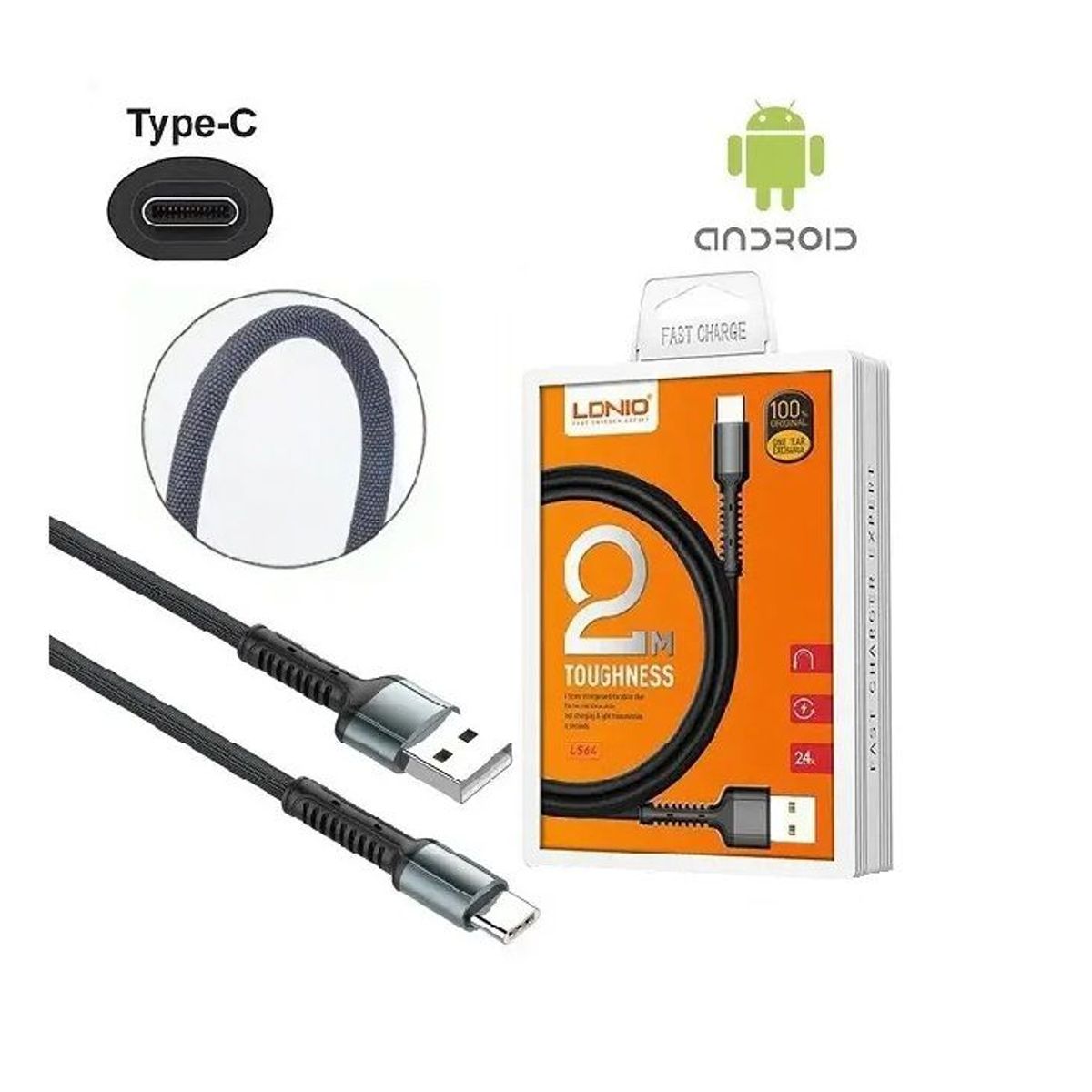 LDNIO - Cable Cargador y datos USB Tipo C 2mts Para Celulares - Laptop