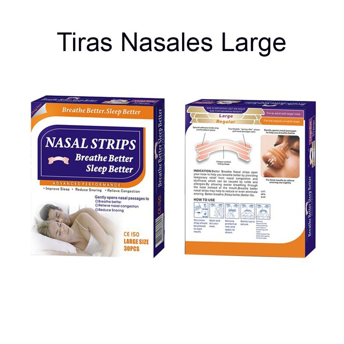 GENERICO - Tiras Nasales Adhesivas Antironquidos, Talla L Caja x 30 Unid.
