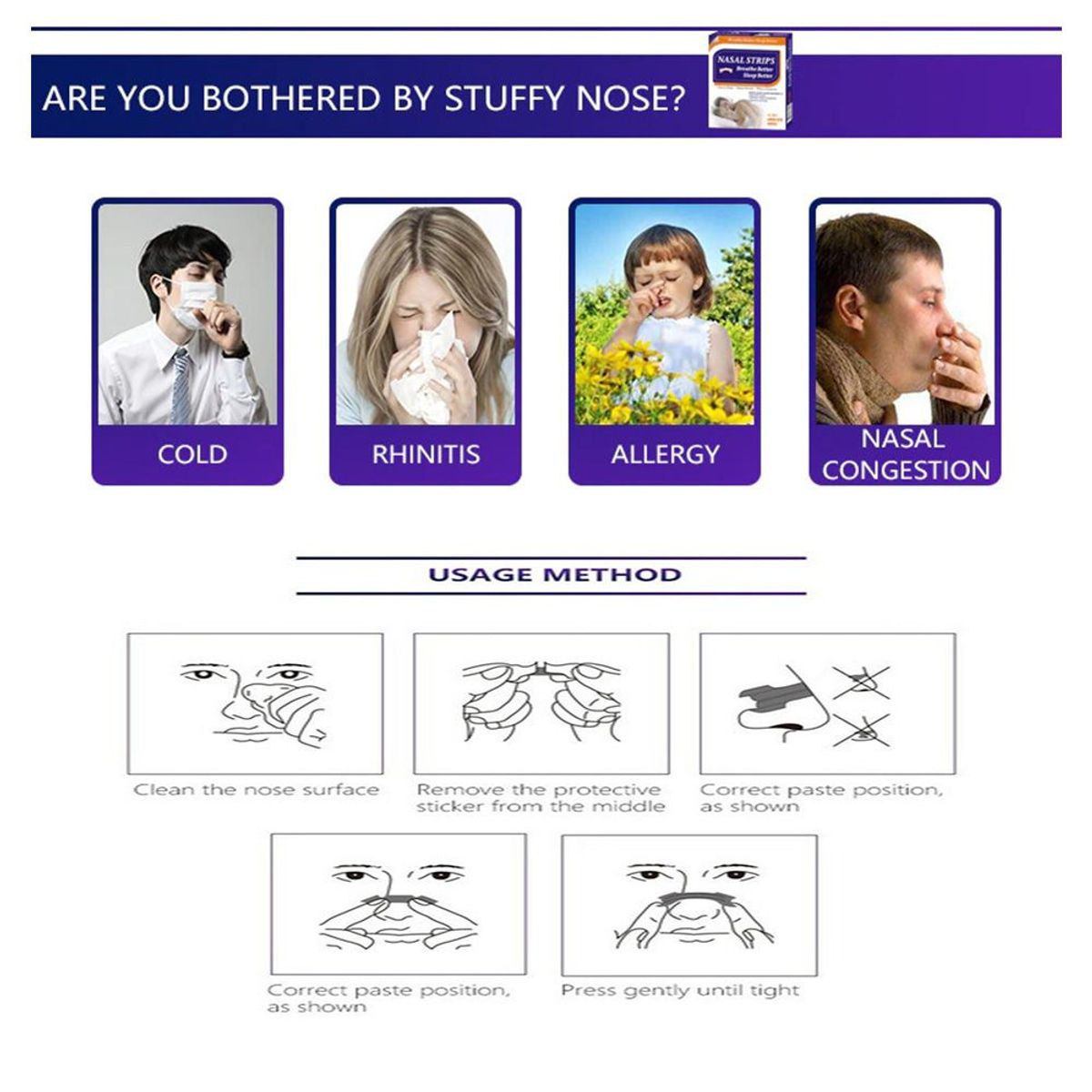 GENERICO - Tiras Nasales Adhesivas Antironquidos, Talla L Caja x 30 Unid.