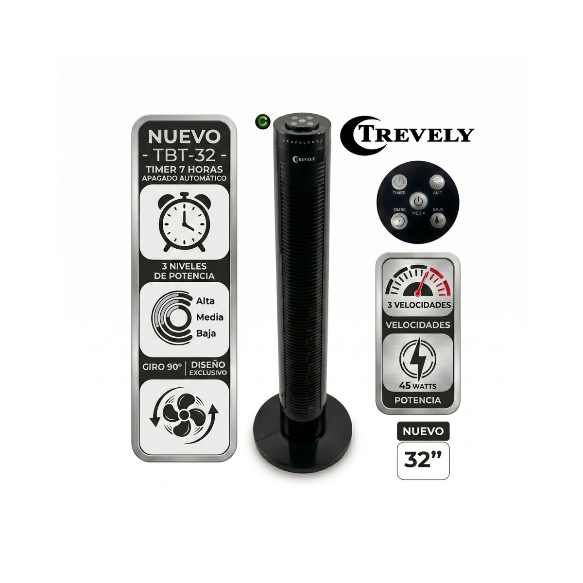 TREVELY - Ventilador Torre TREVELY Con Control Remoto de 32 Pulgadas VT-145 45W