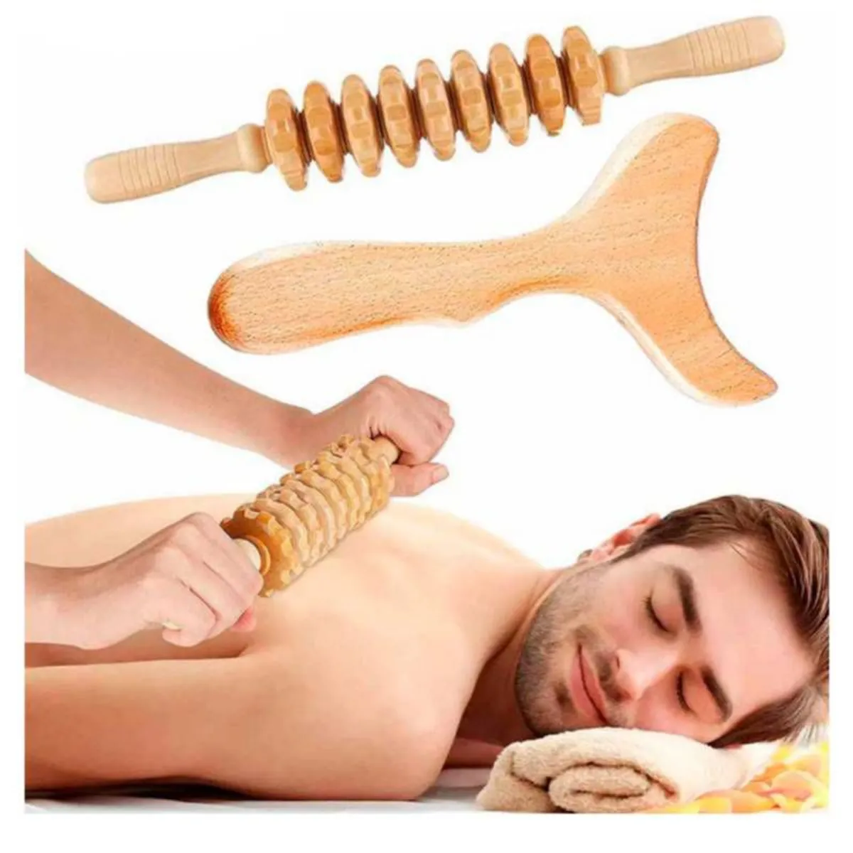 GENERICO - Set Esculpidor Masajeador Corporal Gua Sha y Rodillo de Madera