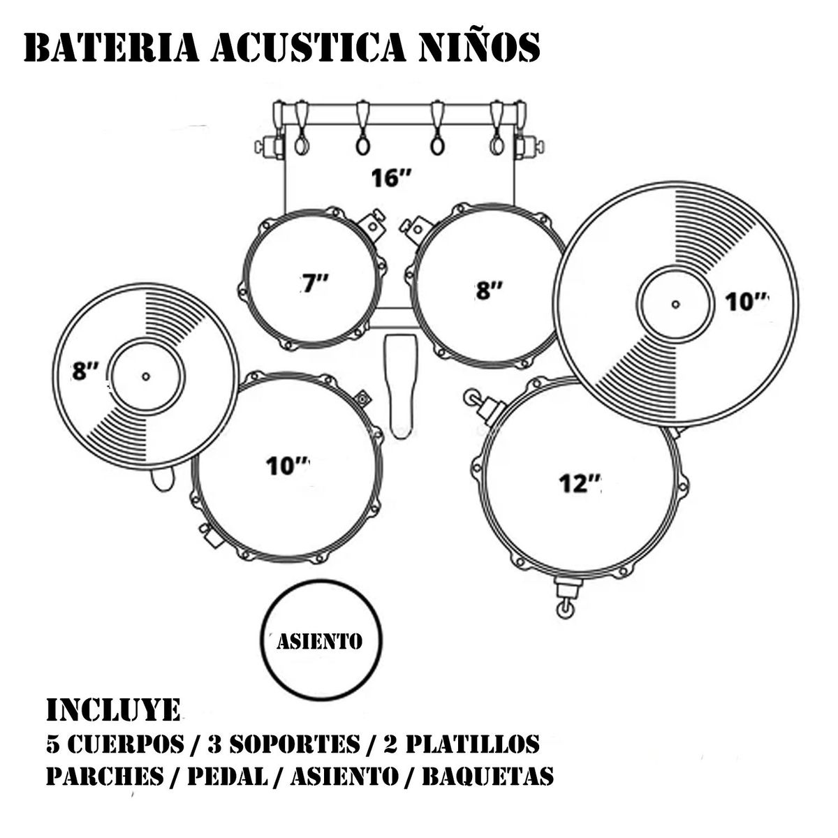 MXT - BATERIA ACUSTICA NIÑOS 5 DRUMS BLACK.