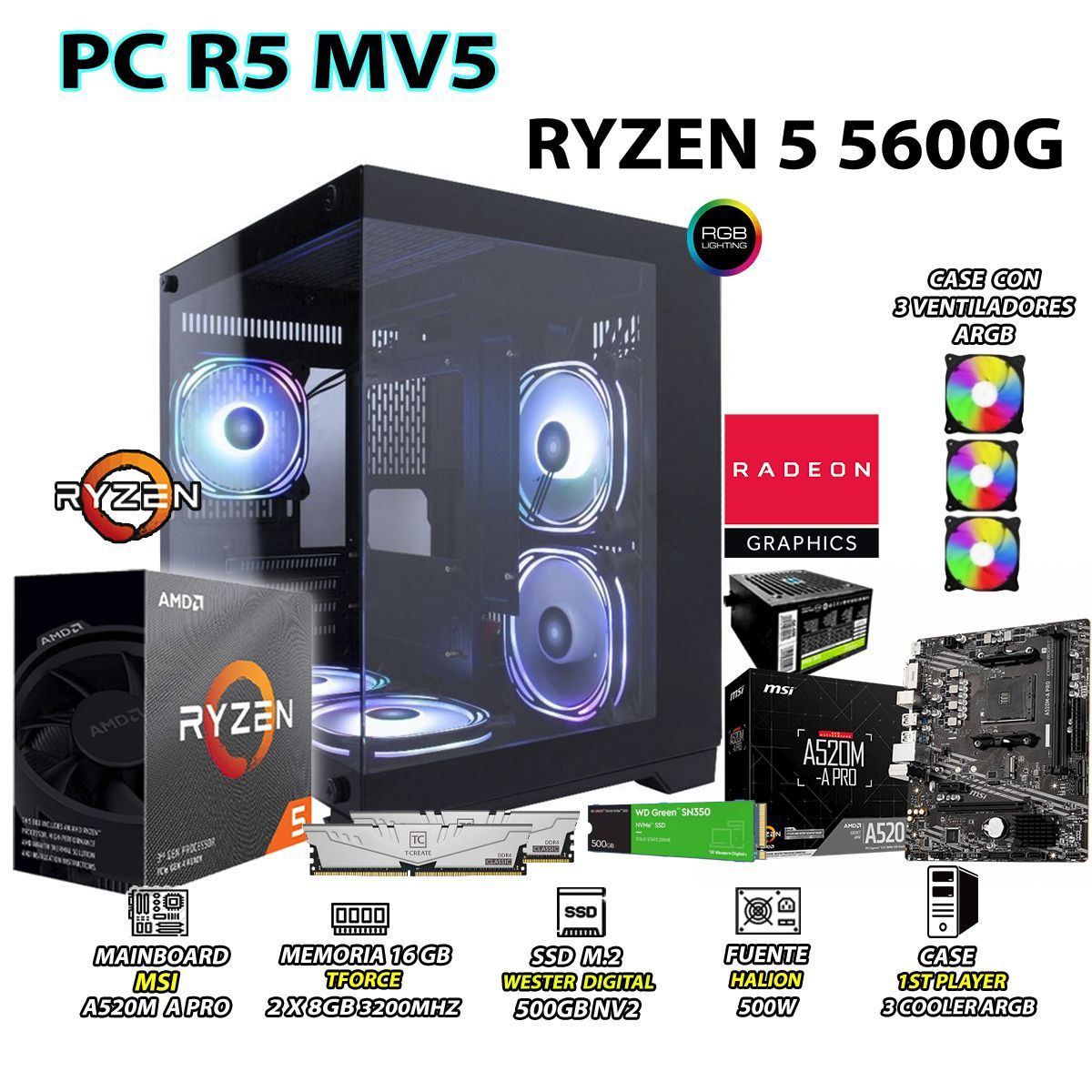 AMD - Computadora PC Ryzen 5 5600G RAM 16GB DISCO 500GB SSD CON GRAFICOS AMD RADEON
