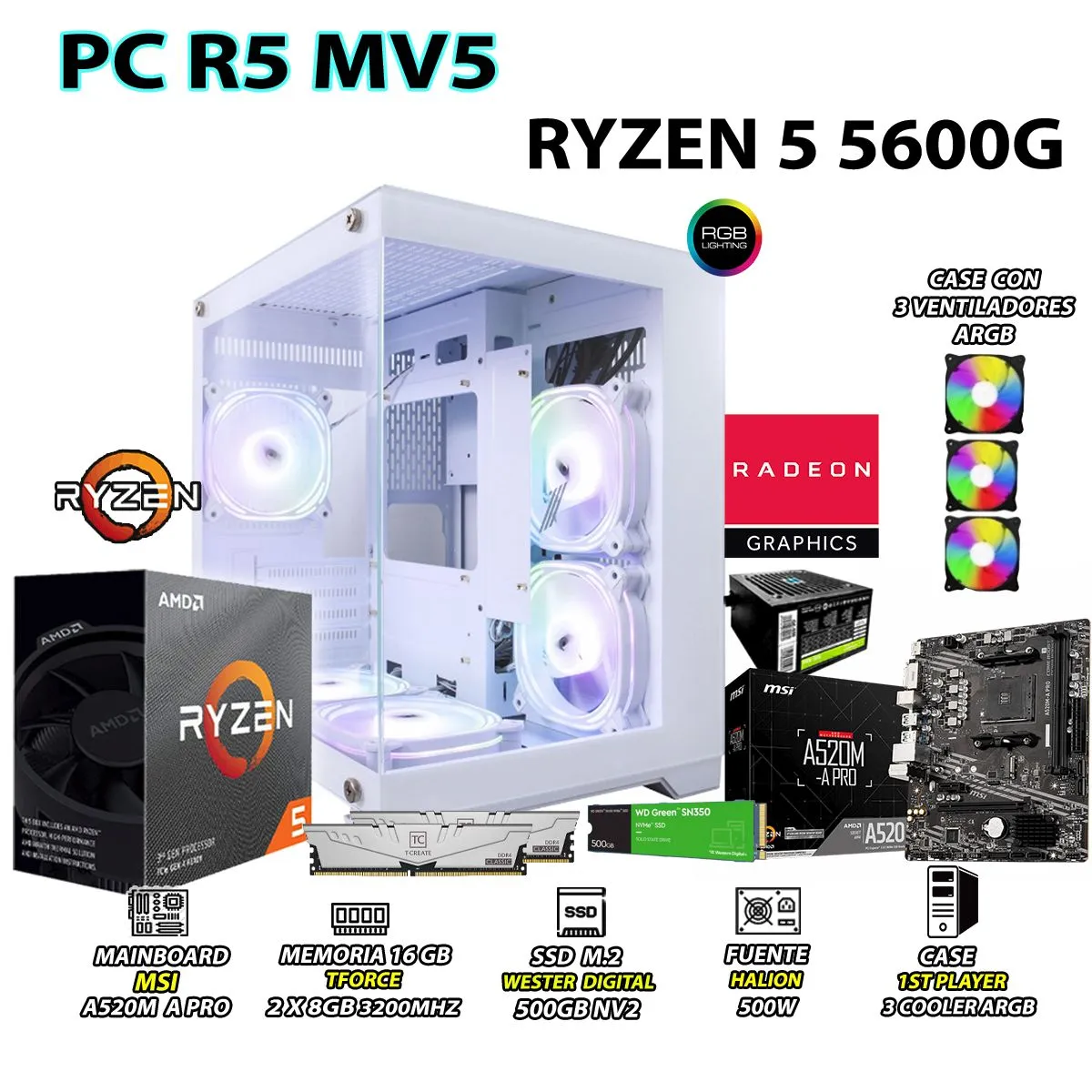 AMD - Computadora PC Ryzen 5 5600G RAM 16GB DISCO 500GB SSD CON GRAFICOS AMD RADEON