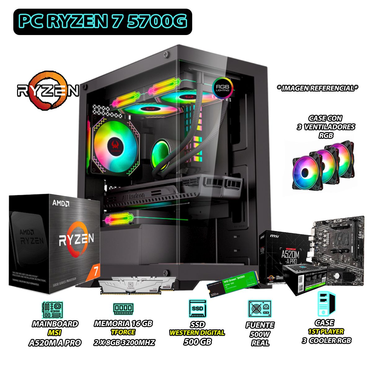AMD - Computadora PC Ryzen 7 5700G RAM 16GB SSD 500GB CON GRAFICOS AMD RADEON