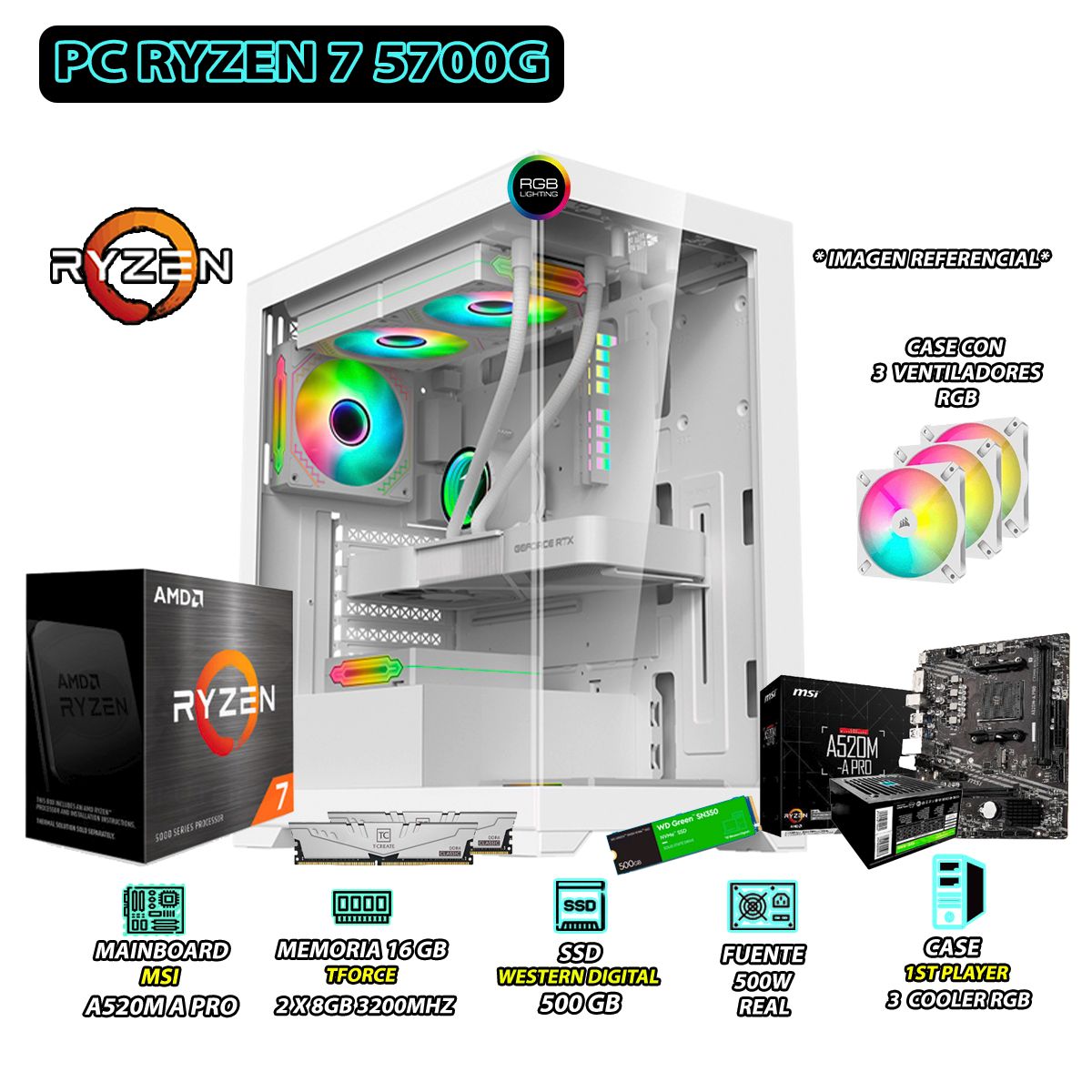 AMD - Computadora PC Ryzen 7 5700G RAM 16GB SSD 500GB CON GRAFICOS AMD RADEON
