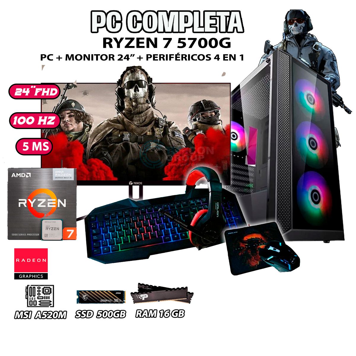 AMD - Computadora Completa Ryzen 7 5700G RAM 16GB DISCO 500GB SSD MONITOR 24" FHD