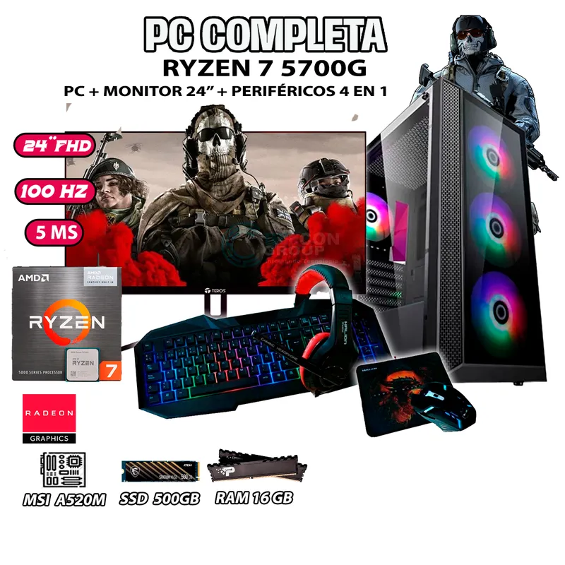 AMD - Computadora Completa Ryzen 7 5700G RAM 16GB DISCO 500GB SSD MONITOR 24" FHD