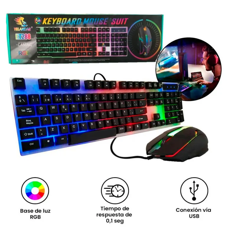 IMPORTADO MC - Combo Teclado y Mouse Gaming Retroiluminado Luces RGB Multicolor