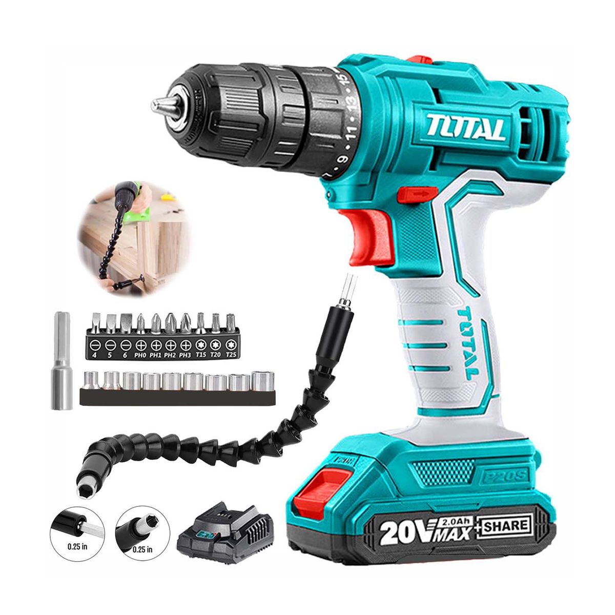 TOTAL TOOLS - TALADRO ATORNILLADOR TOTAL 20V+ BAT 2AH + 21 ACCESORIOS - COMBO