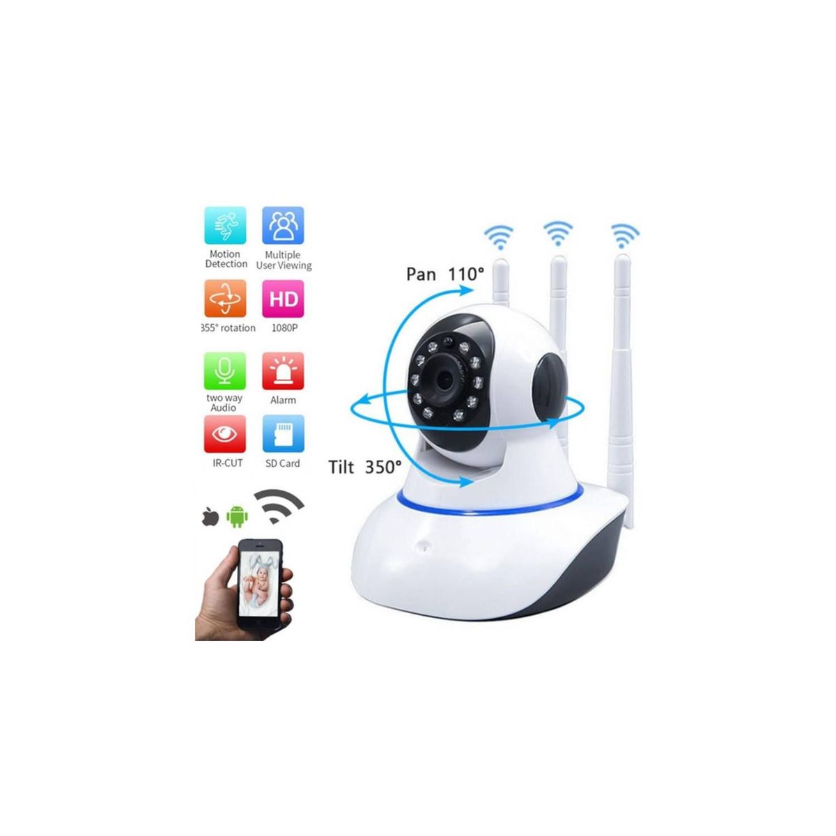 GENERICO - Cámara de Seguridad 3 Antenas IP WiFi -  Robotica P2P Hd 360°