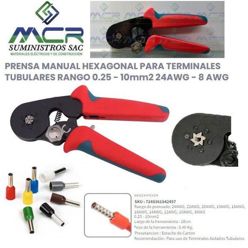 GENERICO - ALICATE PRENSA TERMINAL TUBULAR SOBREMOLDEADO 6 PUNTAS 24AWG -8AWG