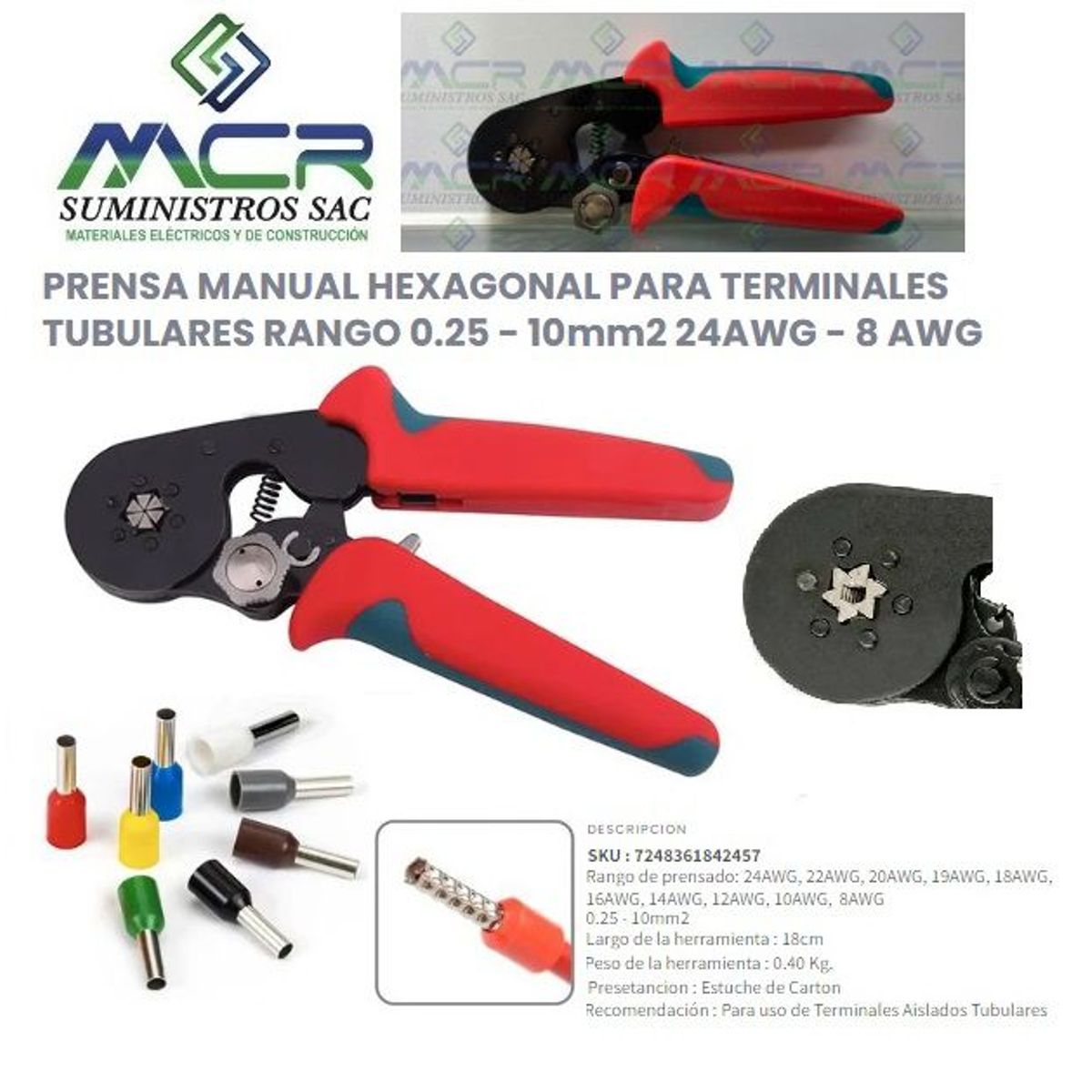 GENERICO - ALICATE PRENSA TERMINAL TUBULAR SOBREMOLDEADO 6 PUNTAS