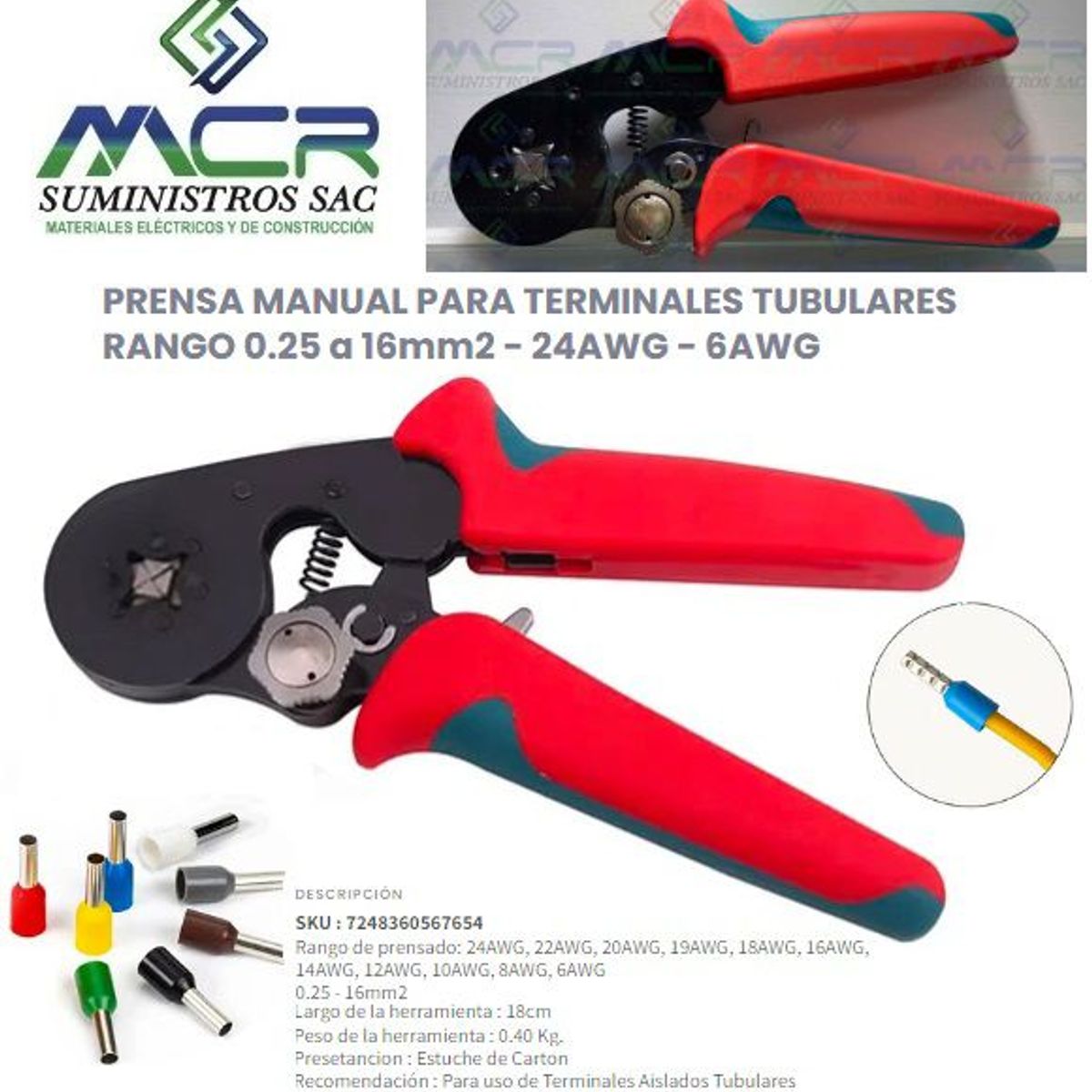 GENERICO - ALICATE PRENSA TERMINAL TUBULAR SOBREMOLDEADO DESDE 24AWG -6AWG