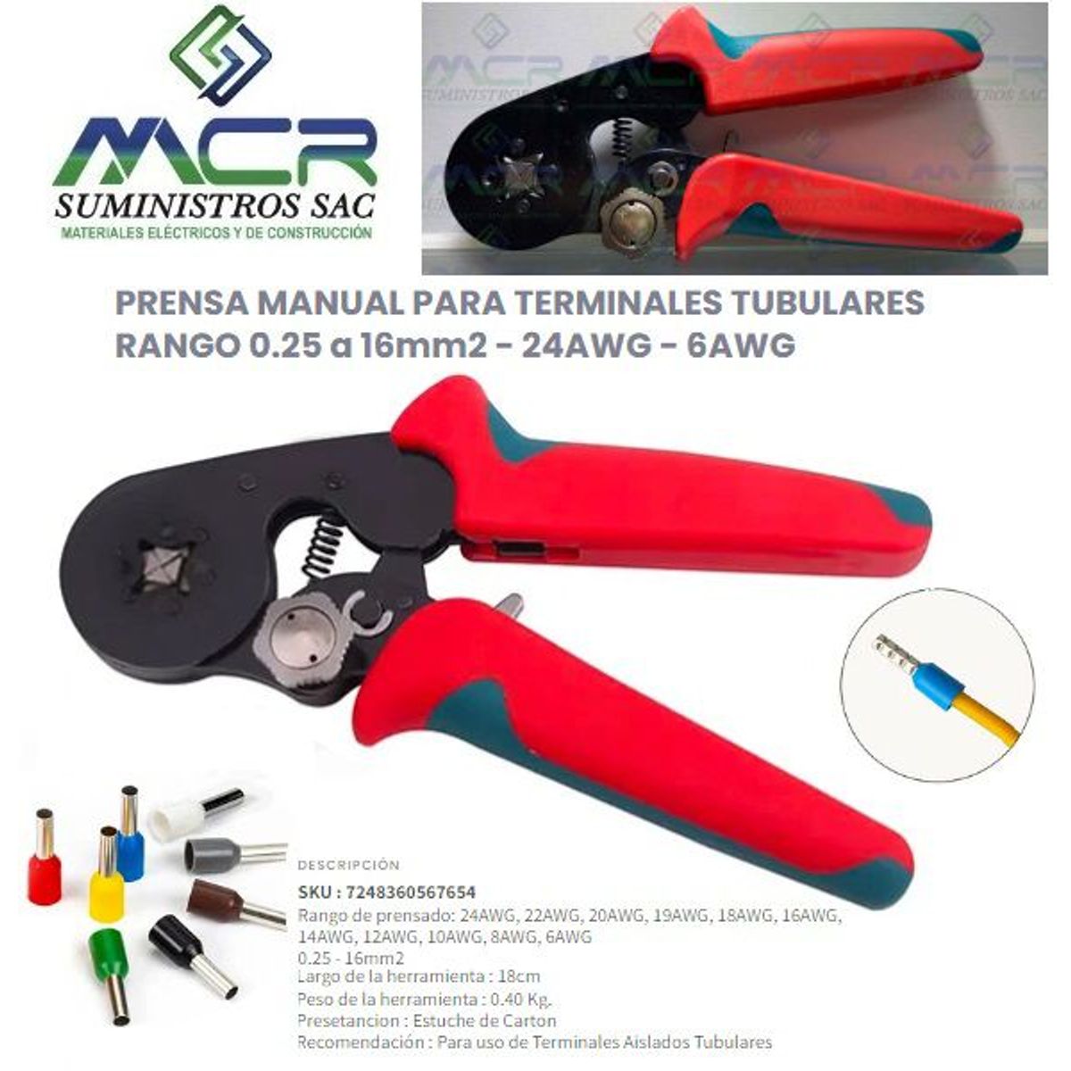 GENERICO - ALICATE PRENSA TERMINAL TUBULAR SOBREMOLDEADO DESDE 24AWG -6AWG