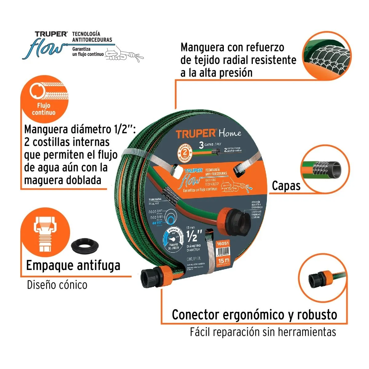 TRUPER - Manguera de Riego 15 Metros Reforzada 16051 TRUPER