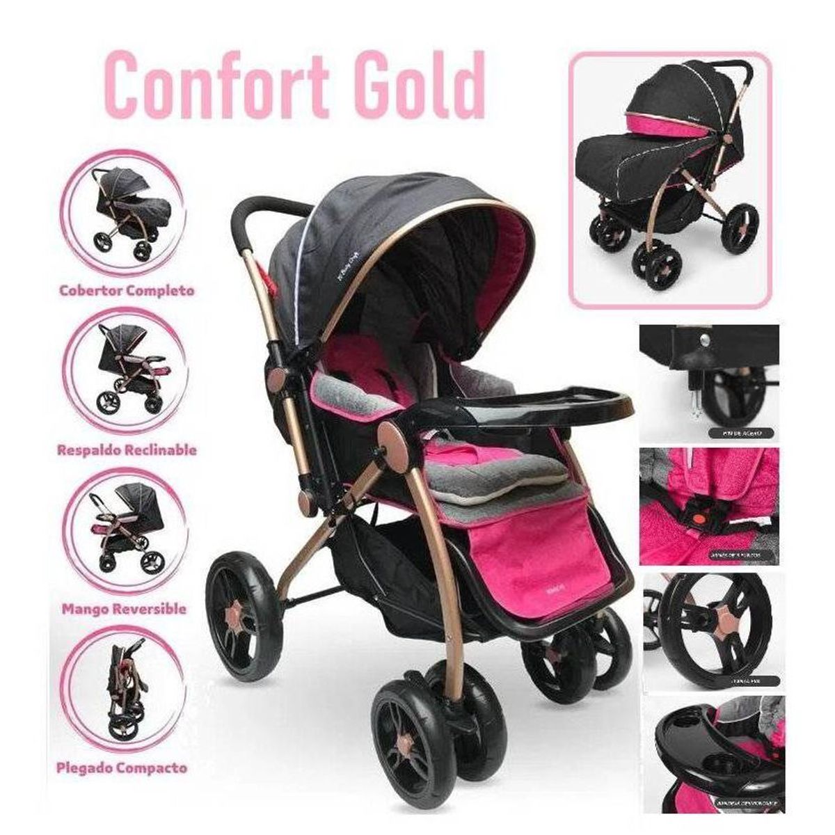 BABY GRACE - Coche cuna deportivo confort gold con bandeja Rosado
