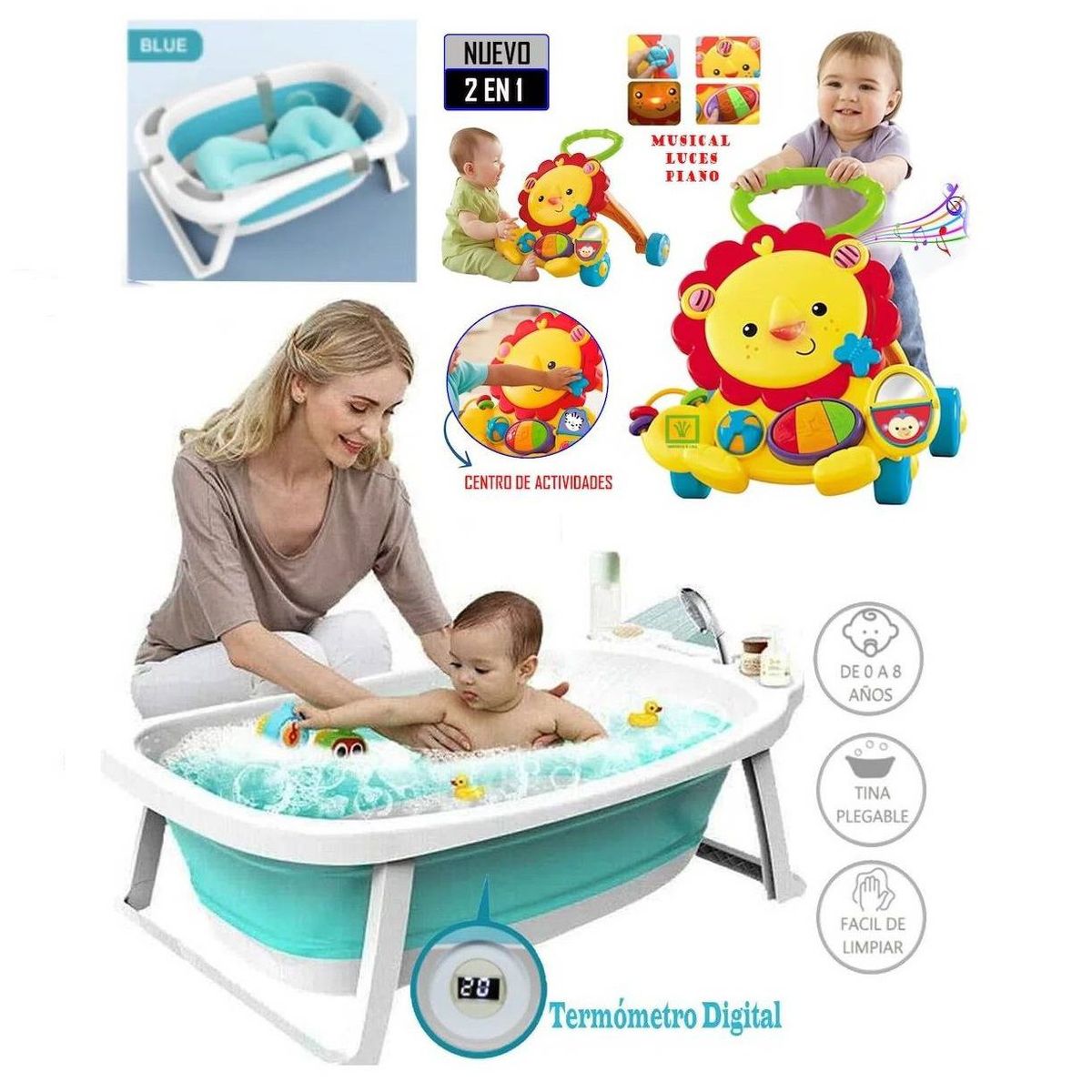 IDEAL - Combo Bañera Portátil Azul Ideal y Andador Musical 2en1 León