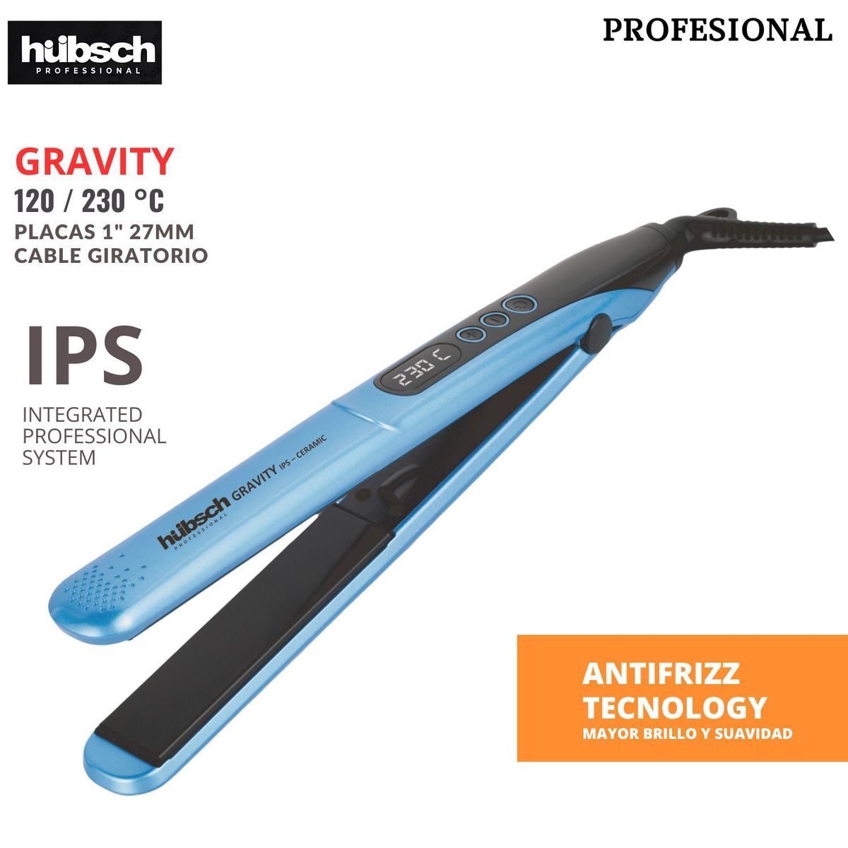 HUBSCH - Plancha de cabello ANTIFRIZZZ Profesional HUBSCH GRAVITY 230 °C Celest
