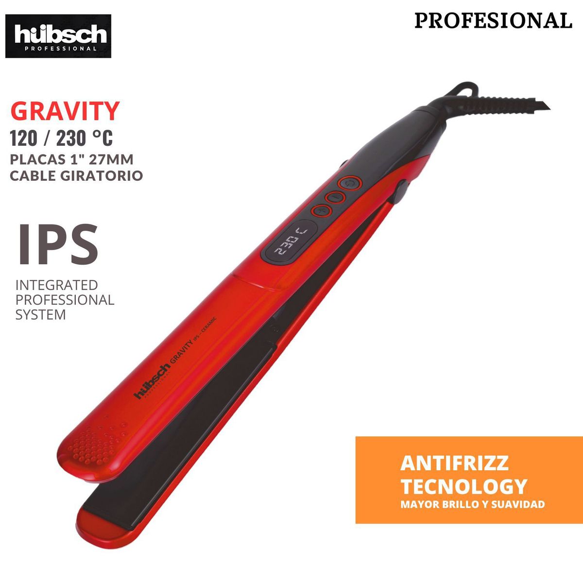 HUBSCH - Plancha de cabello ANTIFRIZZZ Profesional HUBSCH GRAVITY 230 °C Rojo