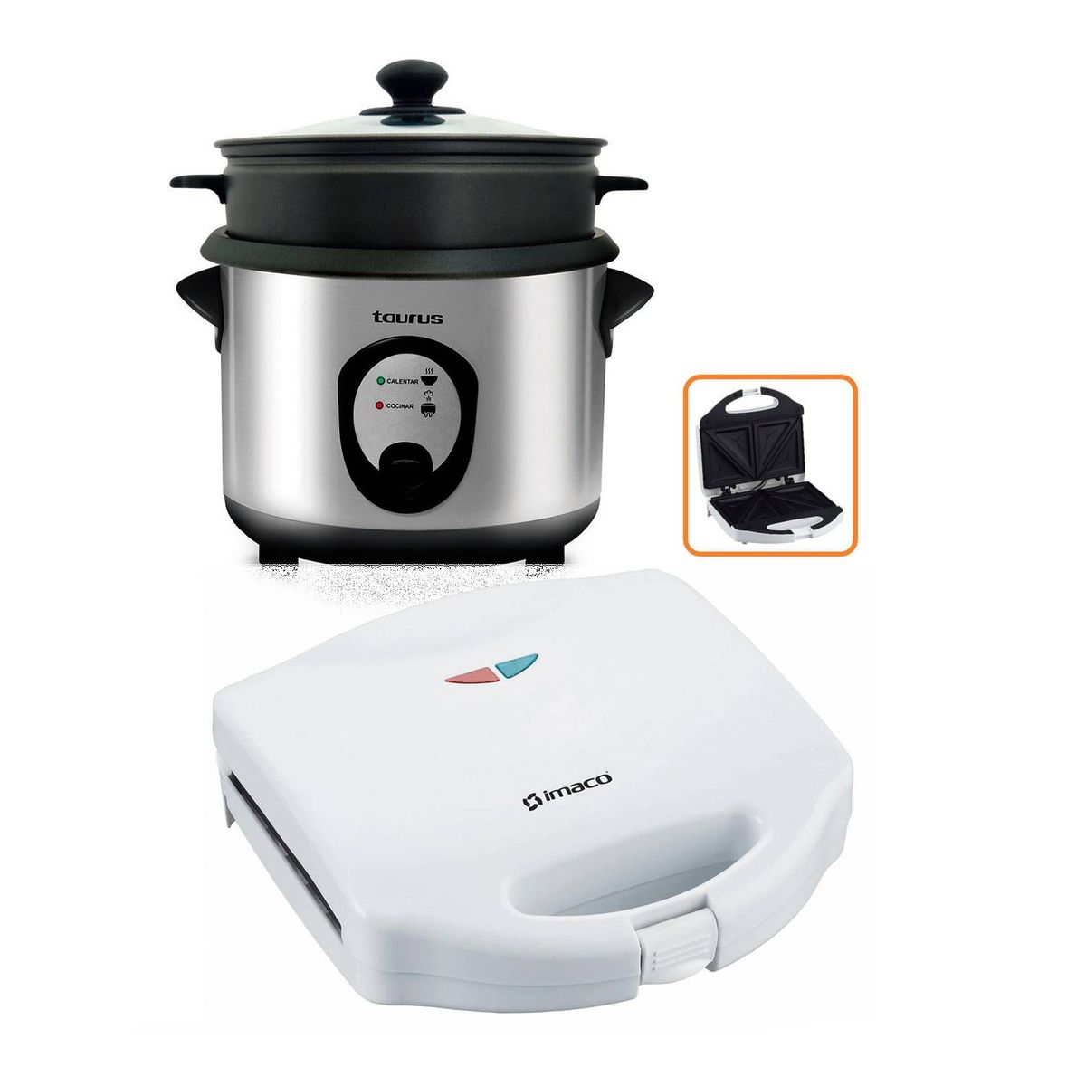 TAURUS - Olla Arrocera Taurus 22L 900W y Sandwich Imaco 750W Blanco