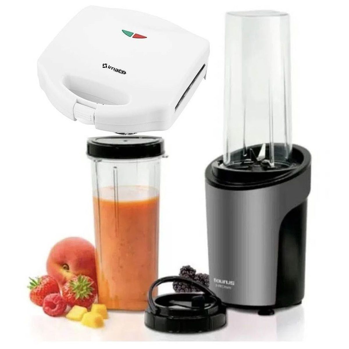 TAURUS - Mini Licuadora 600 ml Taurus Acero y Sandwichera Imaco IST460P Blanco