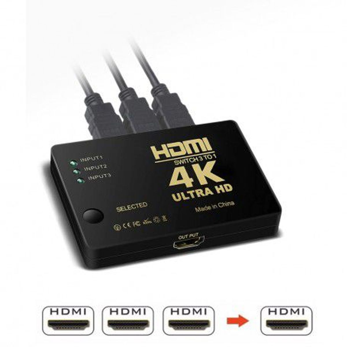 OEM - Conmutador HDMI 3 Puertos Entrada 1 Salida 4K Ultra HD Switch HDTV TV