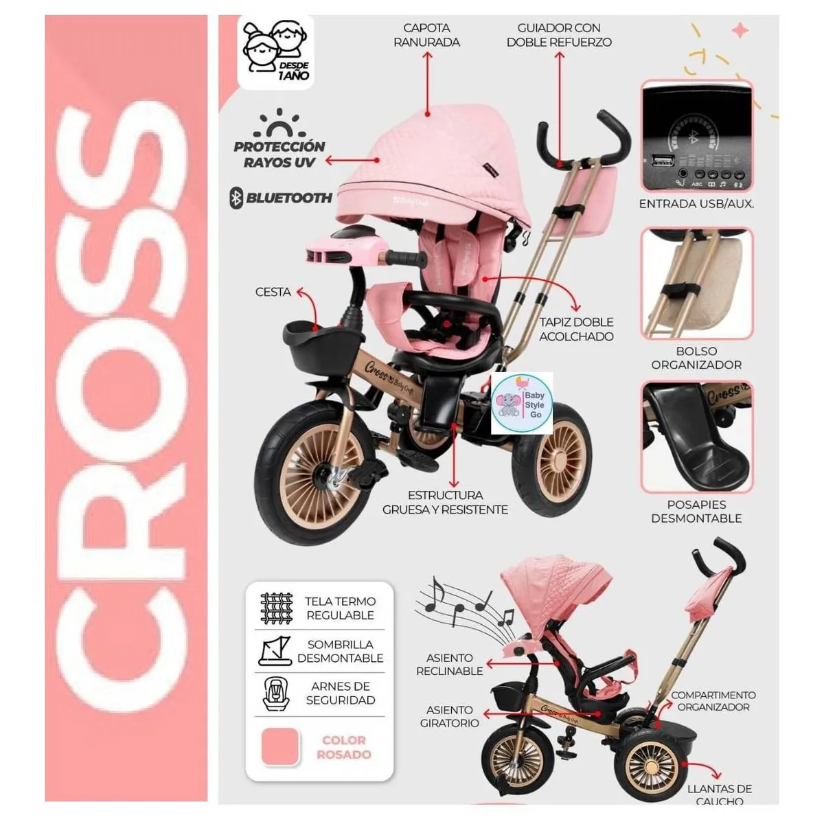 GENERICO - Triciclo Giratorio 3 en 1 CROSS Rosado