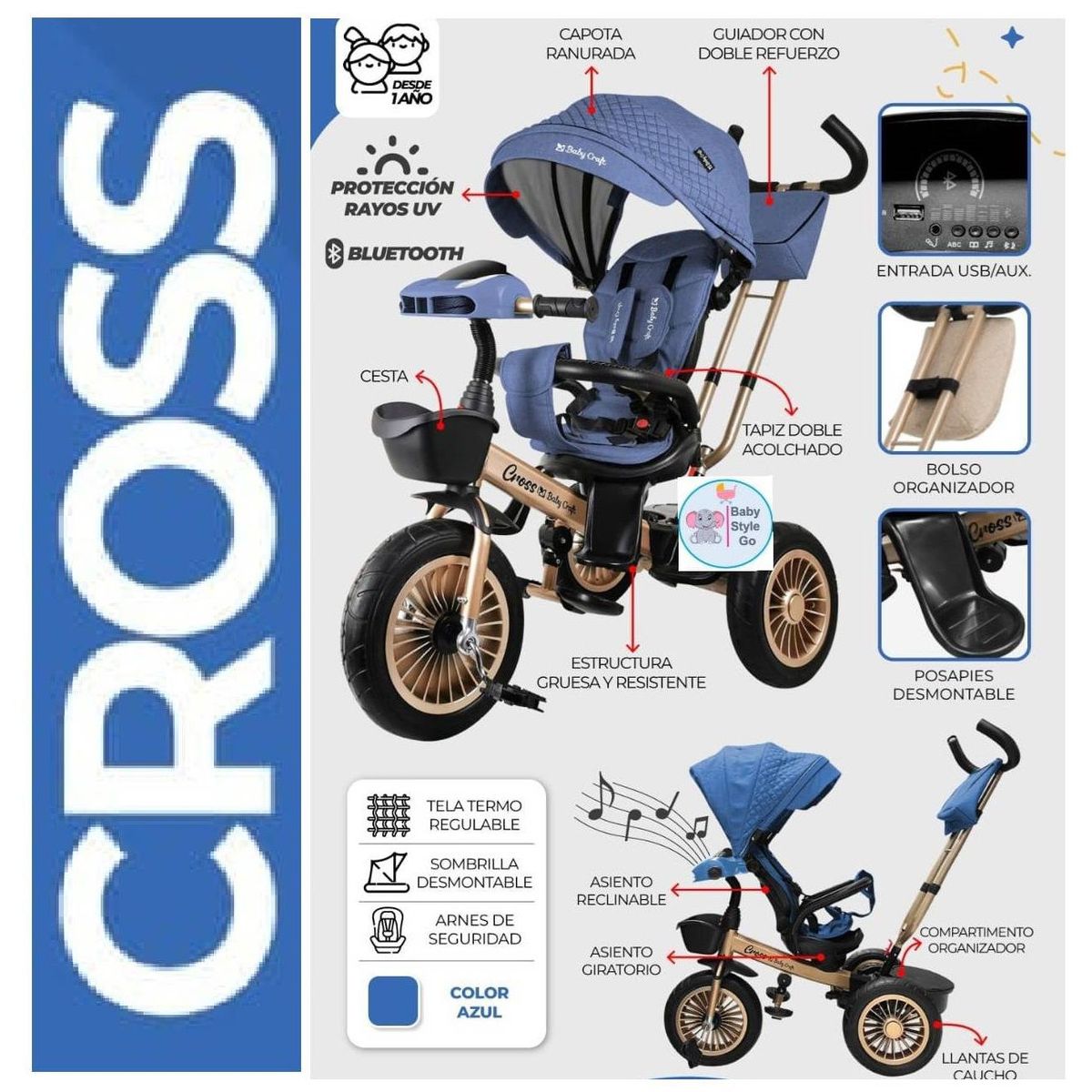 GENERICO - Triciclo Giratorio 3 en 1 CROSS Azul