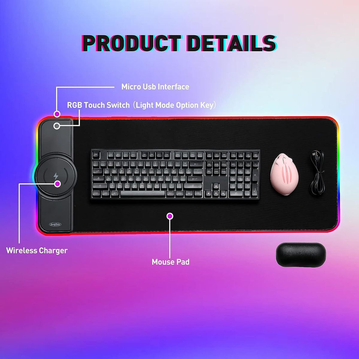 GENERICO - Mousepad Gamer 80cmx30cm carga inalámbrica 15w para celular LuzRGB